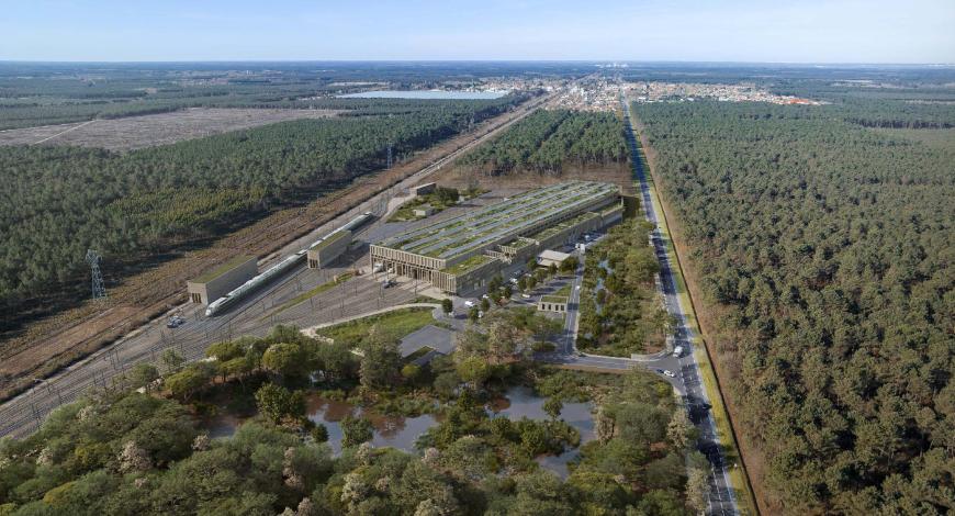 Vue du projet de site de maintenance et de remisage (SMR) ferroviaire de Marcheprime (Gironde) Vue du projet de site de maintenance et de remisage (SMR) ferroviaire de Marcheprime (Gironde)