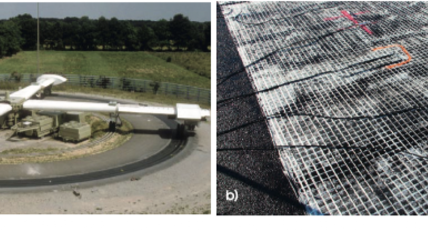 (a) Le manège de fatigue de l’université Gustave Eiffel à Nantes. (b) Vue d’une des grilles en fibre de verre mise en place sur le manège. (a) Le manège de fatigue de l’université Gustave Eiffel à Nantes. (b) Vue d’une des grilles en fibre de verre mise en place sur le manège.