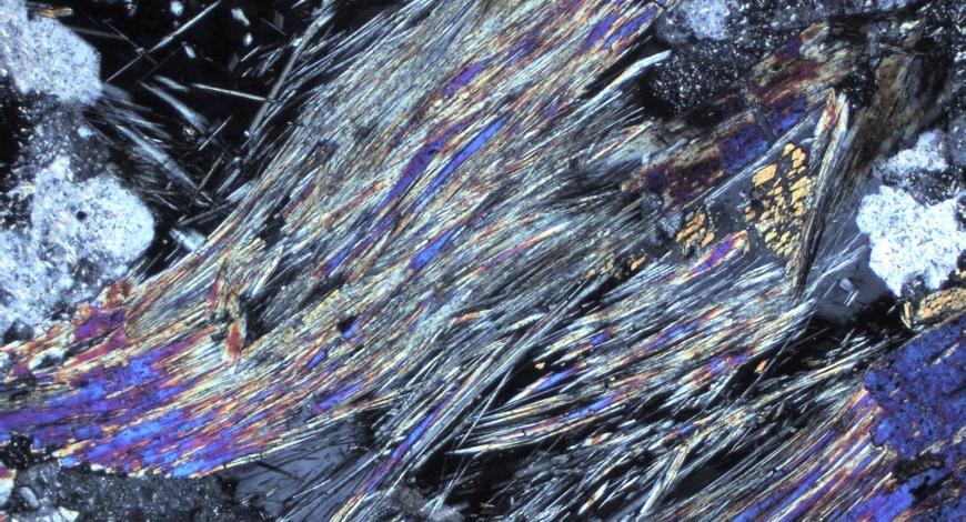 Cristaux d’amphiboles matricielles non fibreuses, dissociées dans une microveine feldspathique en faisceaux fibreux et fibrilles isolées d’actinolite (échantillon RCOM016).