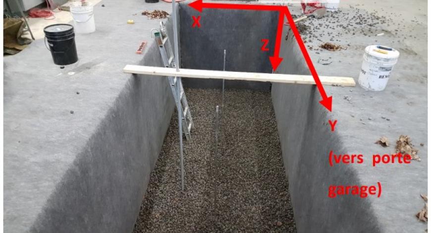 Essai à échelle 1 dans la fosse d’essais de l’université Laval (Québec). Vue de la couche de fond en pierre nette de la structure et de l’isolation thermique placée en parois de fosse. Le contrôle thermique se fait par la dalle de béton du fond de la foss Essai à échelle 1 dans la fosse d’essais de l’université Laval (Québec). Vue de la couche de fond en pierre nette de la structure et de l’isolation thermique placée en parois de fosse. Le contrôle thermique se fait par la dalle de béton du fond de la foss
