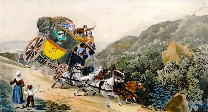 Diligence versant dans le fossé - Gravure d’Hyppolite Lecomte, 1825