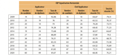 Statistiques de réussite du CQP signalisation horizontale par année.