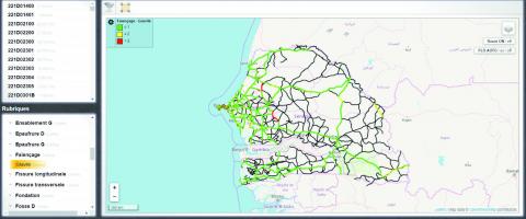 Représentation de la gravité du faïençage sur les routes du Sénégal (y compris routes non communautaires) dans L2R Base.