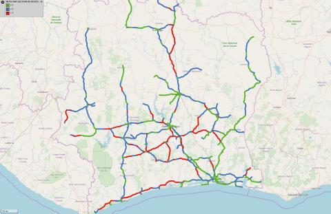 Les notes d’état du réseau revêtu de Côte d’Ivoire (y compris routes non communautaires) calculées dans L2R Programme.