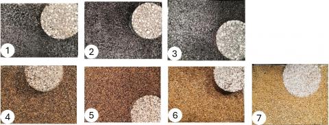 (1) CdC 35/50. (2) CdC R30 35/50. (3) CdC R30 Biophalt. (4) CdC BioKlair. (5) StMB BioKlair. (6) Morel BioKlair. (7) Morel synth