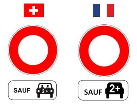 Signalisation suisse et française pour la voie de covoiturage.