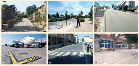 Procédés d’entreprise présentant des propriétés colorimétriques particulières (de gauche à droite et de haut en bas : Agrévia®, Viacolor®, Lumi+®, Salviacim®, NOxer® et enrobés décoratifs à froid à base de liant clair.