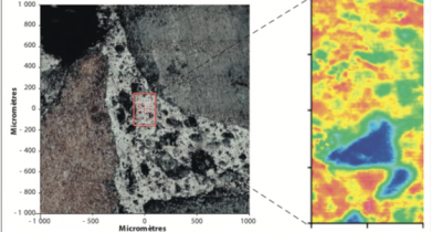 Analyse locale par imagerie infrarouge du mastic intergranulaire (gauche) d’un enrobé incorporant 40 % de recyclés et identification spatiale (droite) des zones de granulat (bleu), de bitume non oxydé (vert) et oxydé (rouge).
