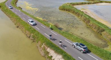 Chaussée à voie centrale banalisée (CVCB) dans les marais salants, en Loire-Atlantique.