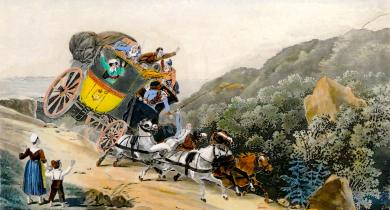 Diligence versant dans le fossé - Gravure d’Hyppolite Lecomte, 1825