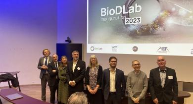 Inauguration du Labcom BioDlab le 6 décembre. De gauche à droite : Laurent Barbieri, Jacques Maddaluno, Vanessa Prévot, Christophe Moriceau, Pascale Besse-Hoggan, Severin Dronet, Mathias Bernard, Fabrice Leroux